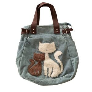Cat Sunwashed Denim Cats Rhinestone Trim Tote Multi Compartment Bag